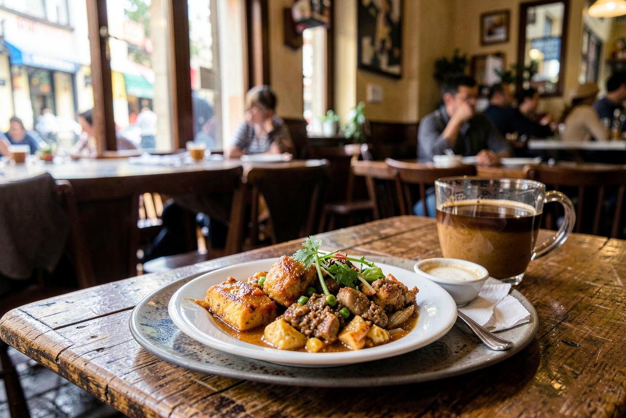 Plato típico paisa y café en un restaurante de Medellín