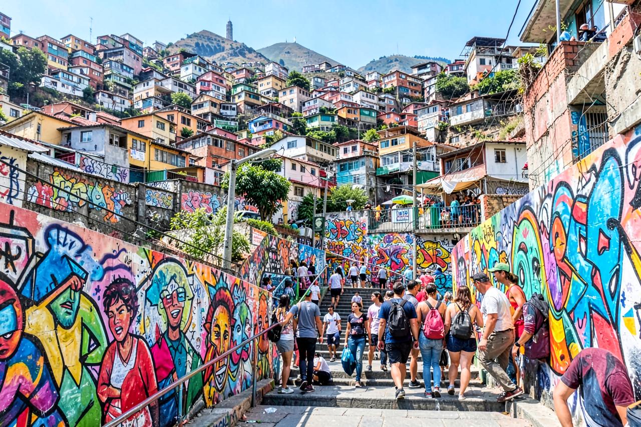 Murales de colores y escaleras de la Comuna 13 en Medellín